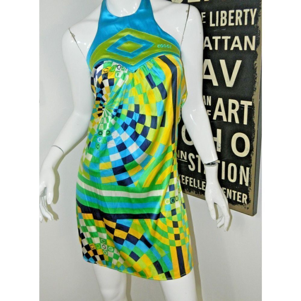 Coogi Dress Vintage Size‎ Small Blue Green Geometric Silk Halter Dress